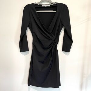 Diane Von Furstenberg Dress Black Nylon Stretch Faux Wrap 3/4 Sleeve Dress sz S
